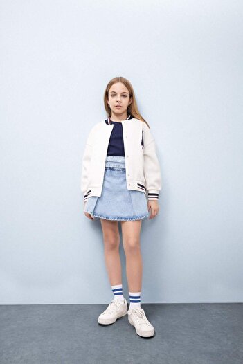 DeFacto Girls College Collar Snap Fastener Back Printed Bomber Jacket E0605A825Sp