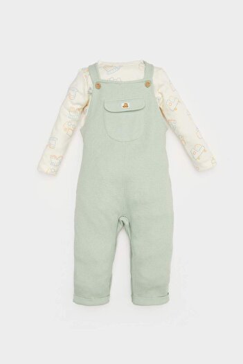 DeFacto 2-teiliges Set für Babys, Jungen, Fahrzeug-Print, Waffel-Langarm-T-Shirt, Salopet E2390A525SP