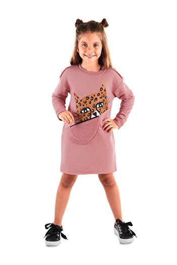 MSHB&G Langärmliges rosa Mädchenkleid mit Leopardenmuster und Taschen