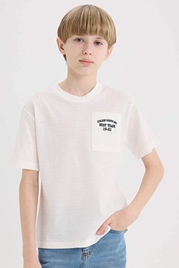 DeFacto Boy's Crew Neck Embroidered Pocket Printed Short Sleeve T-Shirt D9286A825Sm