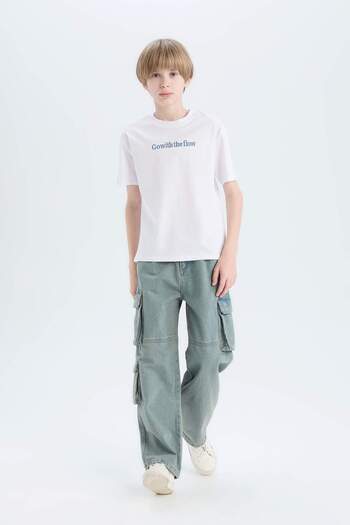 DeFacto Tricou cu mânecă scurtă brodat cu guler rotund pentru băieți D9292A825SM