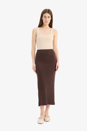 DeFacto High Waist Corduroy Basic Plain Maxi Coffee Skirt C4497Ax25Sp