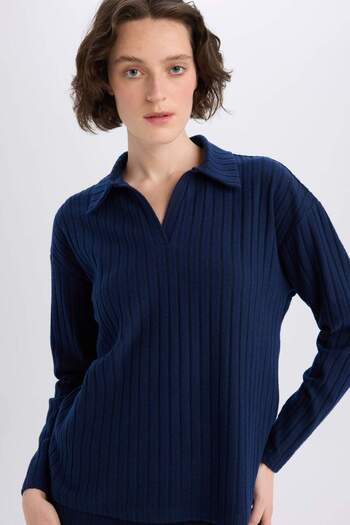 DeFacto Relax Fit Polo Neck Basic Plain Ribbed Camisole Long Sleeve T-Shirt B2404Ax25Sp