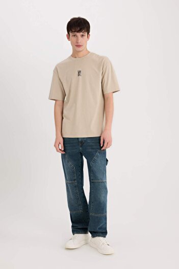 DeFacto 100% Cotton Boxy Fit Crew Neck Back Printed Short Sleeve T-Shirt E1486Ax25Sp