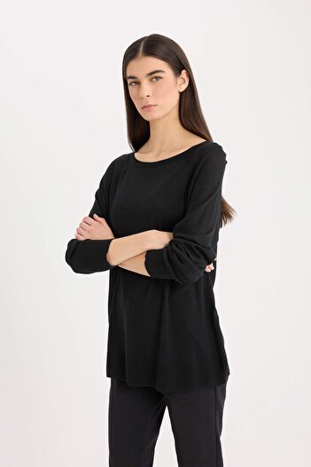 DeFacto Regular Fit Bisiklet Yaka Basic Düz Siyah Triko Kazak D6281AX25SP