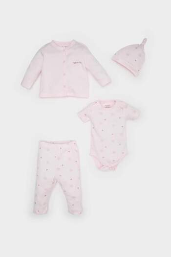 DeFacto Baby Girl Hospital Release 4-Piece Set Patterned Long Sleeve T-Shirt Snap Fastener Short Sleeve Bodysuit Elastic Waist