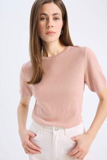 DeFacto Regular Fit Basic Plain Crew Neck Short Sleeve Knitwear Sweater E6810Ax25Sp