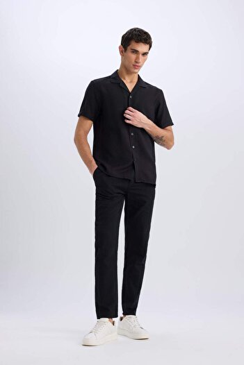 DeFacto 100% Cotton Linen Look Pants Elastic Waist Slim Fit Slim Fit Straight Leg with Pockets D2671Ax25Sm