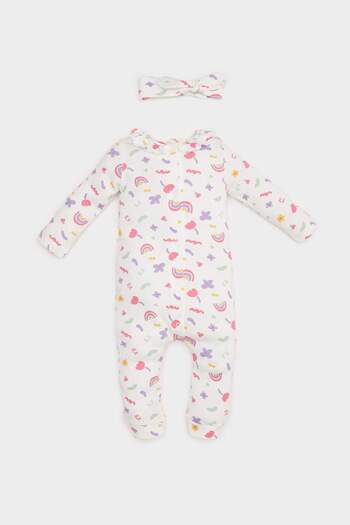 DeFacto Baby Girl Newborn 2-Piece Romper Rainbow Printed Waffle Long Sleeve Romper Hair Band E2379A525Sp