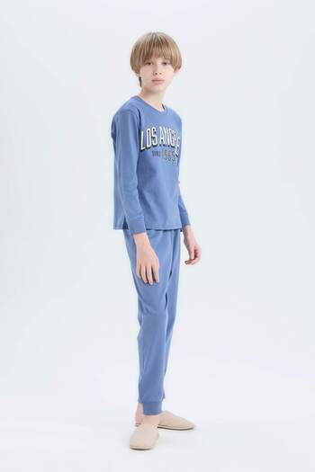 DeFacto Set de pijamale pentru bărbați - Top cu mânecă lungă imprimat și pantaloni de pijama cu talie