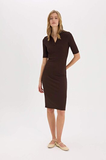 DeFacto Bodycon Body-Hugging Polo Neck Basic Plain Ribbed Camisole Short Sleeve Midi Dress E6806Ax25Sp
