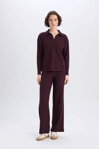 DeFacto Relax Fit Polo Neck Basic Plain Ribbed Camisole Long Sleeve T-Shirt B2404Ax25Sp