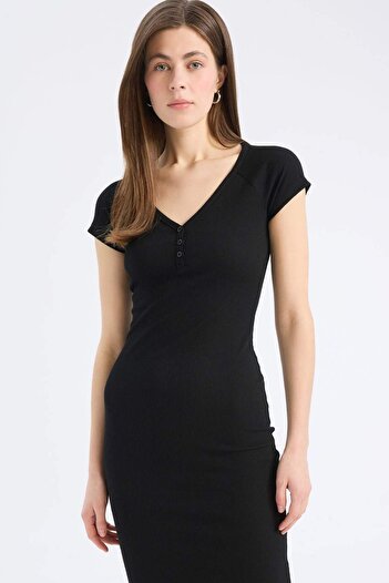 DeFacto Bodycon Vücudu Saran V Yaka Fitilli Kaşkorse Kısa Kollu Midi Elbise E7368AX25SP