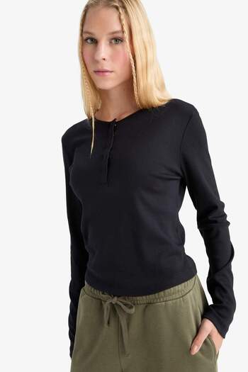 DeFacto Coool Fitted Button Collar Rib Long Sleeve T-Shirt E7680Ax25Sp