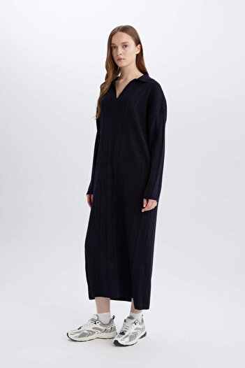 DeFacto Relax Fit Basic Straight Polo Neck Maxi Dress E2972Ax