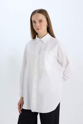 DeFacto Relax Fit Poplin Basic Απλό Λευκό Μακρυμάνικο Πουκάμισο Μπλουζάκι D7342AX25SP