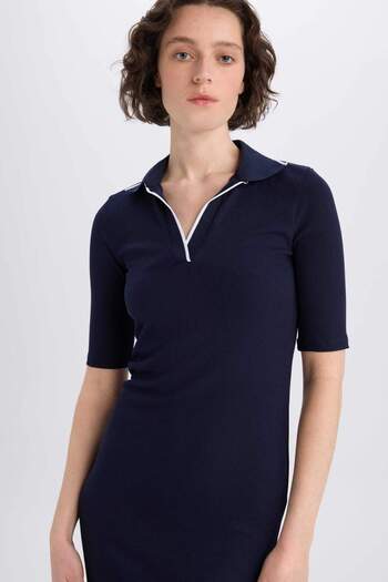 DeFacto Bodycon Vücudu Saran Polo Yaka Fitilli Kaşkorse Kısa Kollu Midi Elbise E7140AX25SP