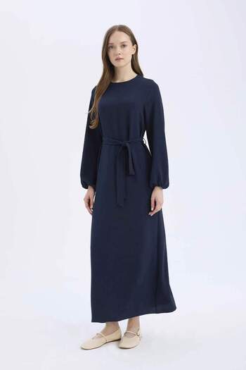 DeFacto Regular Fit Crew Neck Basic Plain Belted Aerobin Long Sleeve Dress E5268Ax25Sp