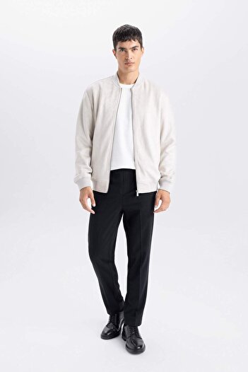 DeFacto Slim Fit Suede Bomber Coat Jacket Slim fit Κολεγιακό πέτο με φερμουάρ Διπλές τσέπες Εποχιακό ελαφρύ