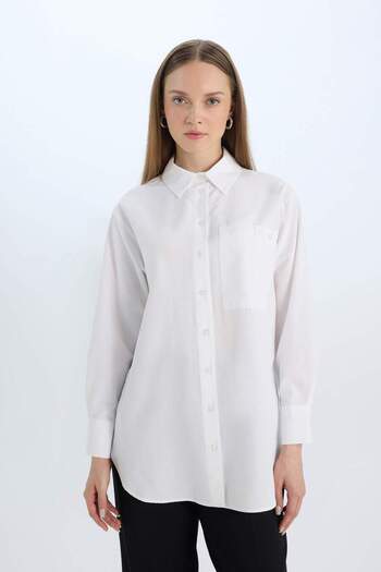 DeFacto Relax Fit Poplin Basic Απλό Λευκό Μακρυμάνικο Πουκάμισο Μπλουζάκι D7342AX25SP
