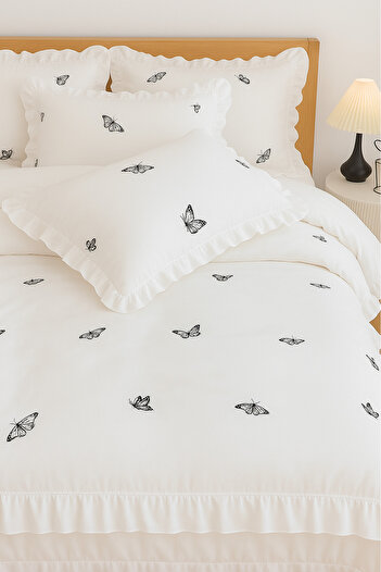 GÖRMEZ TEKSTİL Double Butterfly Ruffle Duvet Cover Set Ecru Organic Cotton