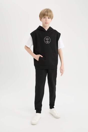 DeFacto Boys' 3-Piece Set - Hooded, Sleeveless and Printed Sweatshirt, Short Sleeve T-Shirt, Elastic Waist Leg Sweat