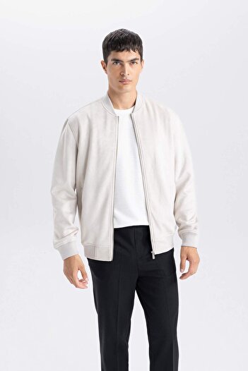 DeFacto Slim Fit Süet Bomber Mont Ceket Dar Kesim Kolej Yaka Fermuarlı Çift Cepli Mevsimlik Baharlık Hafif A