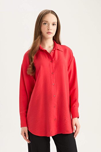 DeFacto Relax Fit Basic Düz Uzun Kollu Kırmızı Gömlek Tunik C0304AX25SP