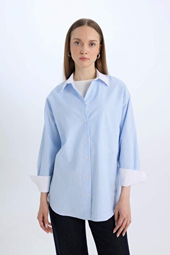 DeFacto Relax Fit Striped Poplin Long Sleeve Shirt Tunic D7343Ax25Sp