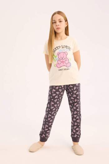 DeFacto Girls' Pajamas Set - Crew Neck, Printed, Short Sleeve, Top Elastic Waist, Patterned Bottom E0538A825Sm