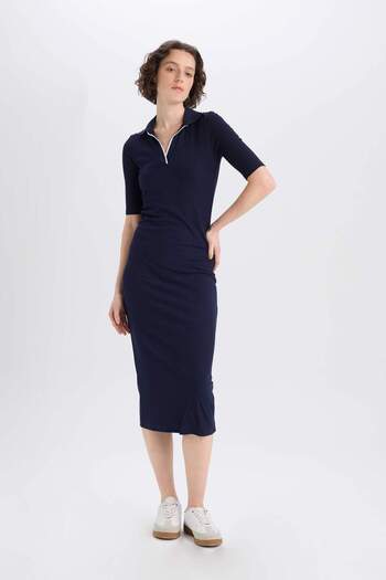 DeFacto Polo Neck Bodycon Ribbed Midi Dress - Short Sleeve E7140Ax25Sp