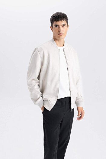 DeFacto Slim Fit Suede Bomber Coat Jacket Slim fit Κολεγιακό πέτο με φερμουάρ Διπλές τσέπες Εποχιακό ελαφρύ