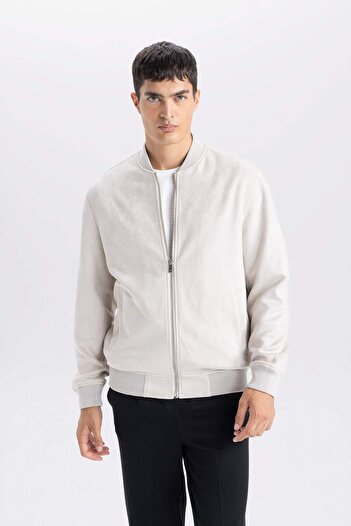 DeFacto Slim Fit Süet Bomber Mont Ceket Dar Kesim Kolej Yaka Fermuarlı Çift Cepli Mevsimlik Baharlık Hafif A