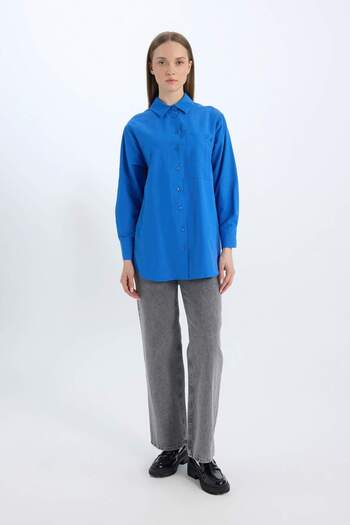 DeFacto Relax Fit Poplin Basic Απλό Λευκό Μακρυμάνικο Πουκάμισο Μπλουζάκι D7342AX25SP