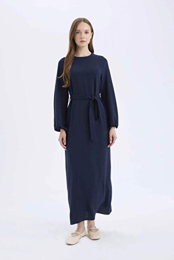 DeFacto Regular Fit Crew Neck Basic Plain Belted Aerobin Long Sleeve Dress E5268Ax25Sp