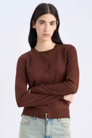 DeFacto Regular Fit Crew Neck Basic Plain Knitwear Cardigan D6282Ax25Sp