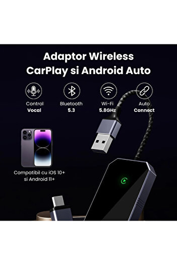 Vala Tech Adaptor wireless CarPlay și Android Auto Vala Tech®️, 5.8 GHz, Bluetooth 5.3