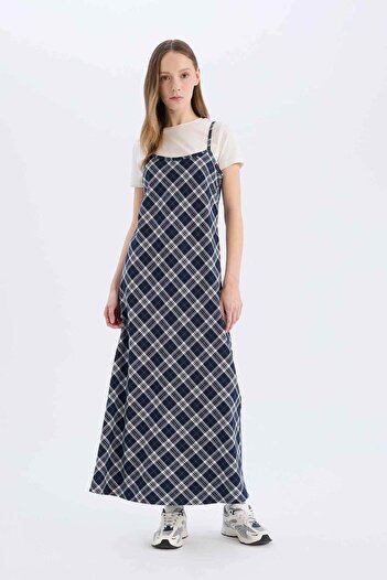 DeFacto Cool V-Neck Checked Straps Midi Dress E4397Ax25Sp