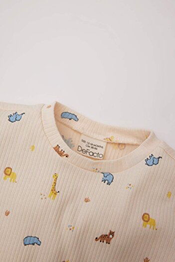 DeFacto Erkek Bebek Pijama Takımı Safari Baskılı Fitilli Kaşkorse Uzun Kollu Üst Beli Lastikli Uzun Alt D907