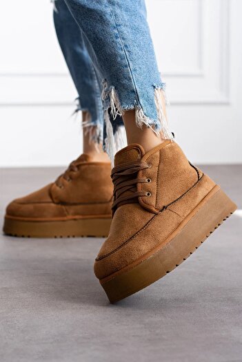 Nstil Γυναικείες μπότες casual μαύρισμα - Χοντρή ψηλή σόλα, κορδόνια και γούνινη επένδυση, οβάλ δάχτυλα άνετα U15