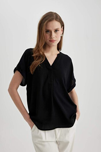 DeFacto Apache Collar Short Sleeve Basic Blouse - Regular Fit, Crinkle Fabric C0998Ax24Sm