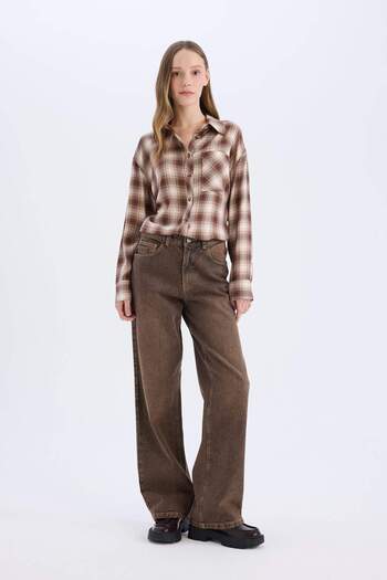 DeFacto Πουκάμισο με μακρύ μανίκι Coool Oversize με φαρδύ καρό φανελένιο πουκάμισο E4593AX25SP
