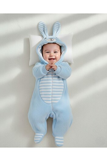 Ege Bebek 6-9 Months Hooded Rabbit-Themed Zippered Welsoft Winter Thick Jumpsuit with Ear Detail