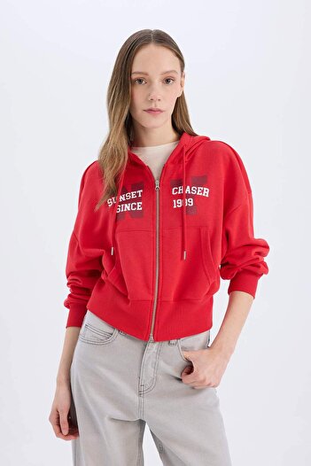 DeFacto Coool Oversize Geniş Kalıp Kapüşonlu Baskılı Kalın Fermuarlı Sweatshirt E5463AX25SM