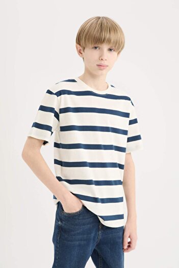 DeFacto Boy's Crew Neck Striped Short Sleeve T-Shirt D7864A825Sm