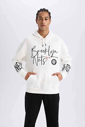 DeFacto DeFactoFit NBA Brooklyn Nets Oversize Φαρδιά Καπάκι με κουκούλα Χοντρό φούτερ D8513AX25SP