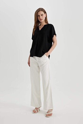 DeFacto Apache Collar Short Sleeve Basic Blouse - Regular Fit, Crinkle Fabric C0998Ax24Sm
