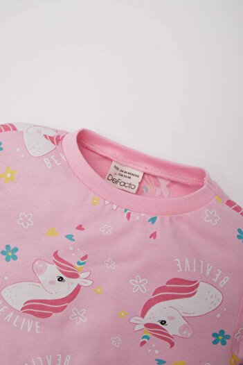 DeFacto Kız Bebek Unicorn Baskılı Pijama Takımı Uzun Kollu Üst Beli Lastikli Uzun Alt E0763A525SP