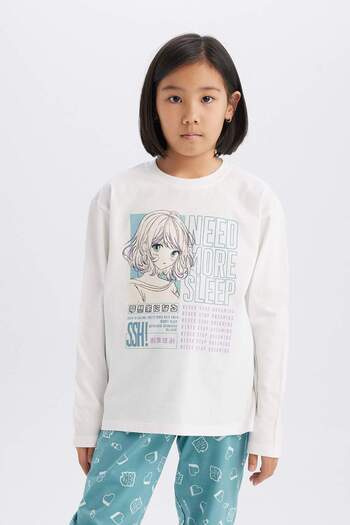 DeFacto Girls Pajamas Set Long Sleeve Top Elastic Waist Long Bottom E0531A825Sp