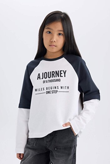 DeFacto Übergroßes, weit geschnittenes, langärmliges T-Shirt mit Rundhalsausschnitt für Mädchen D9443A825SP